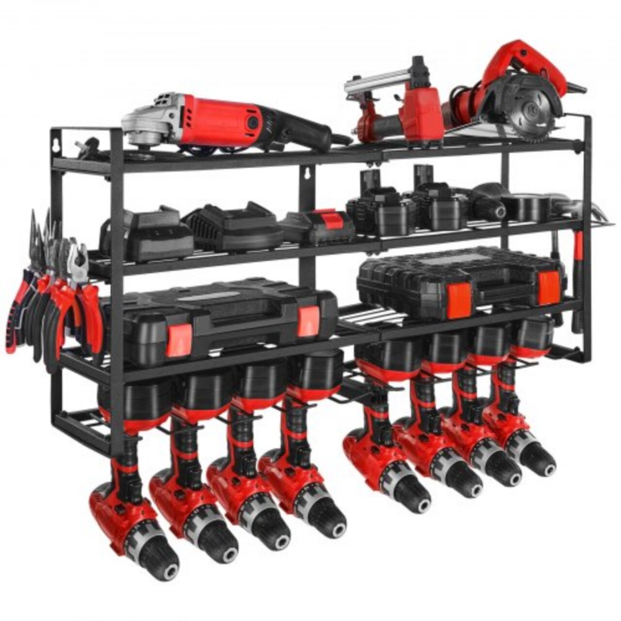 4-Tier Wall Mounted Tool Rack in Black Carbon Steel with 8 Drill Slots and Mesh Shelves